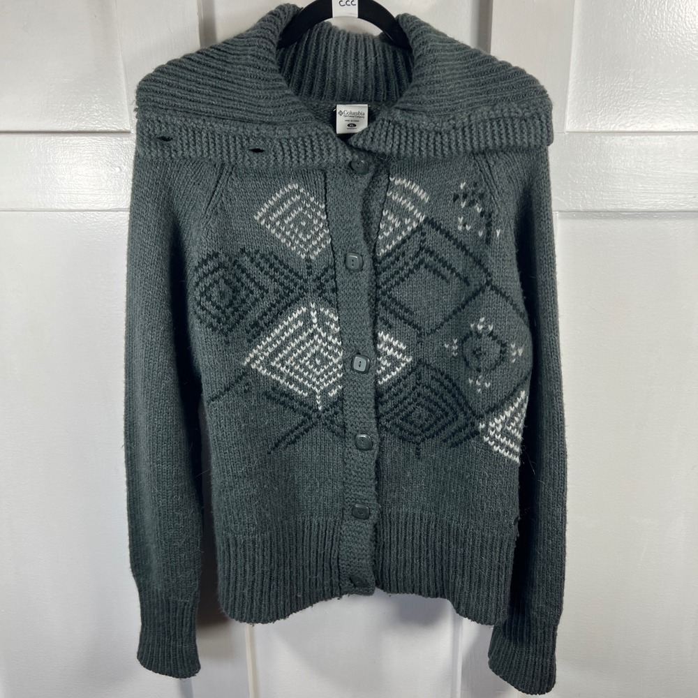 Columbia Womens XL Gray Wool Alpaca Blend Diamond Knit Button Cardigan AL2008 - Picture 1 of 7